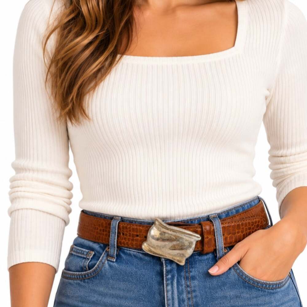 Vintage Liz Claiborne Brown Embossed Leather Belt Sculptural Silver Buckle 80 90